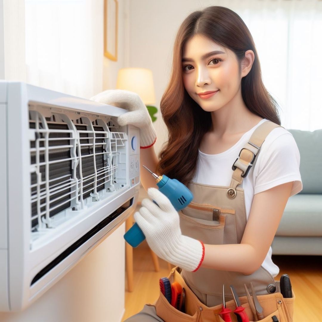 Illustration of an air conditioner unit blowing cool air, representing AC and appliance repair services